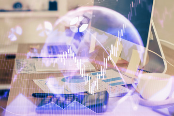 Multi exposure of forex chart and work space with computer. Concept of international online trading.