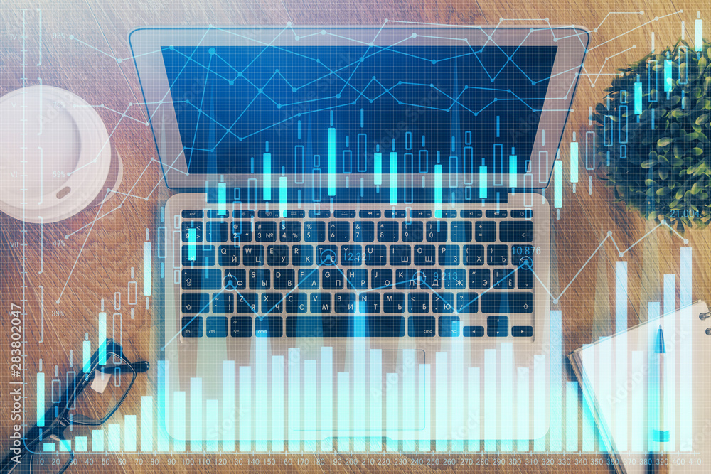 Poster double exposure of forex graph and work space with computer. concept of international online trading