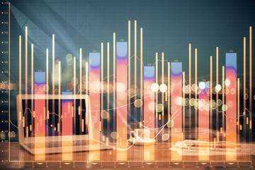 Double exposure of chart and financial info and work space with computer background. Concept of international online trading.