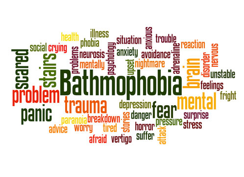 Bathmophobia fear of stairs or steep slopes word cloud concept 2