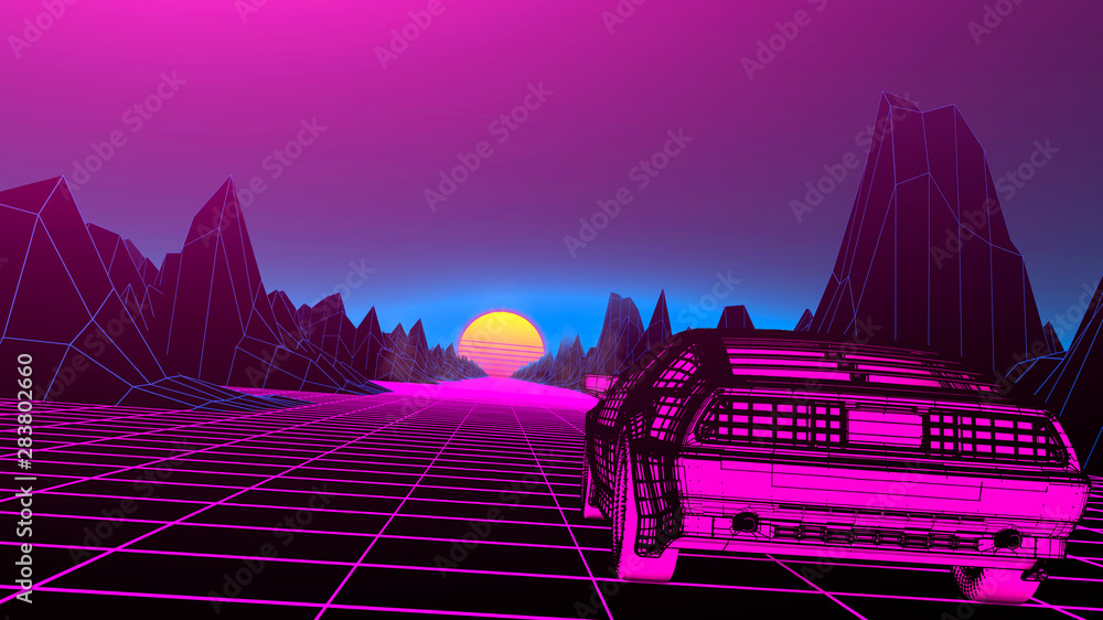 Wall mural retro future, 80s style sci-fi background. futuristic car. 3d illustration