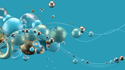 Beautiful abstract background with volume elements, balls, texture, lines. 3d illustration, 3d rendering.