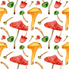 Fototapeta na wymiar Watercolor bright collection with autumn multicolored mushrooms. Colorful autumn collection. Perfect for your creation, clothing design, print on fabric. Seamless pattern on white background