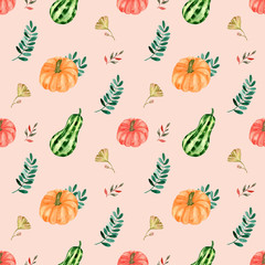 Watercolor pattern with autumn orange pumpkin, gray, green branches,leaves. Organic vegetable garden food. It is perfect for thanksgiving cards or wrapping paper, halloween design, recipe or menu.