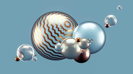 Beautiful abstract background with volume elements, balls, texture, lines. 3d illustration, 3d rendering.