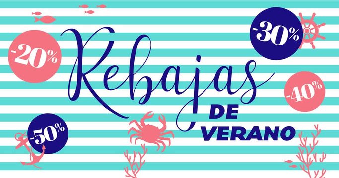 colorful summer sales animation with crab, corail, and percent blue pink turquoise