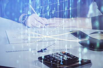 Writing Man hands with data theme multi exposure icons.