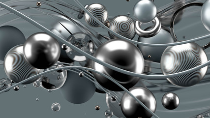 Beautiful abstract background with volume elements, balls, texture, lines. 3d illustration, 3d rendering.