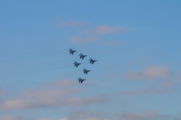 Fototapeta na wymiar Russian airplanes aerobatic team in the sky