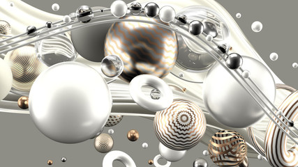 Beautiful abstract background with volume elements, balls, texture, lines. 3d illustration, 3d rendering.