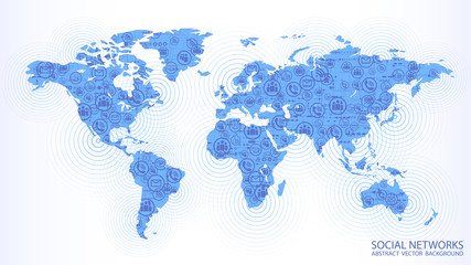 Vector background. Light blue map of planet Earth with social icons. Global Internet. Technology and telecommunications. Countries and continents. Mobile communication and social networks.