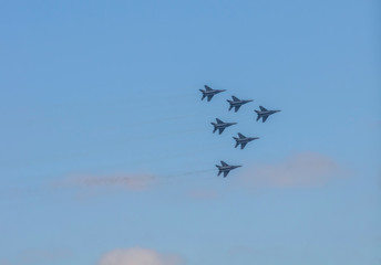 Russian airplanes aerobatic team in the sky