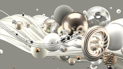 Beautiful abstract background with volume elements, balls, texture, lines. 3d illustration, 3d rendering.