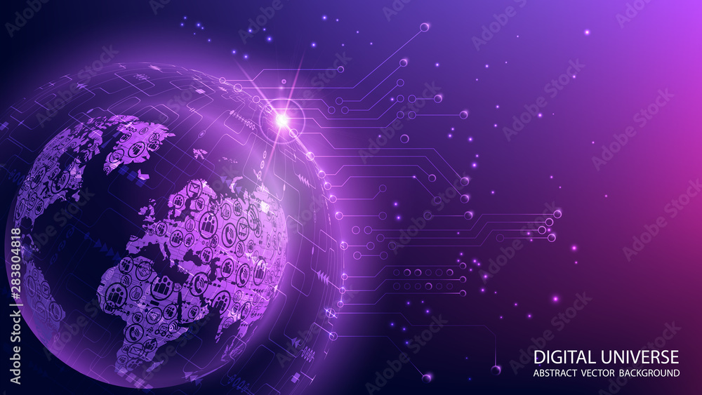 Poster map of the planet. world map. global social network. future. vector. blue and violet futuristic back
