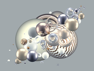 Beautiful abstract background with volume elements, balls, texture, lines. 3d illustration, 3d rendering.