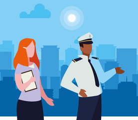 couple of professional workers in cityscape at sunrise