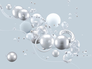 Beautiful abstract background with volume elements, balls, texture, lines. 3d illustration, 3d rendering.
