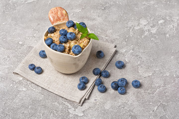 Oat flakes or granola with fresh blueberry for healthy breakfast