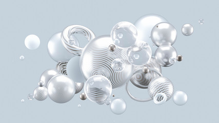 Beautiful abstract background with volume elements, balls, texture, lines. 3d illustration, 3d rendering.