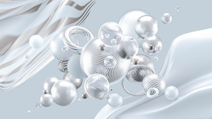 Beautiful abstract background with volume elements, balls, texture, lines. 3d illustration, 3d rendering.