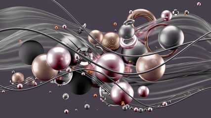 Beautiful abstract background with volume elements, balls, texture, lines. 3d illustration, 3d rendering.