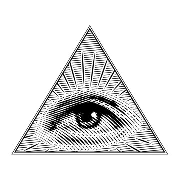 Human eye in a triangle in vintage style. Geometric sacred look. Visual System, Sensory Organ Components. Alchemy or esoteric symbol. Hand drawn engraved sketch for print t shirt or tattoo.