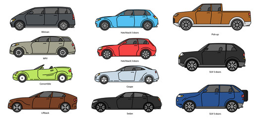 Car body style. Outline Public transport and Passenger Coupe. Outline Pickup, doodle Sedan, color Hatchback and Convertible SUV Minivan MPV. Three and five-door auto. Set of Monoline doodle icons.