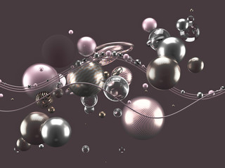 Beautiful abstract background with volume elements, balls, texture, lines. 3d illustration, 3d rendering.