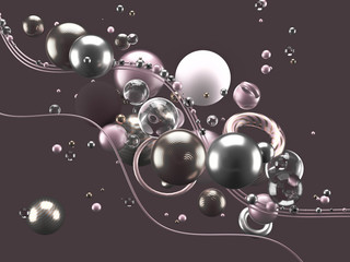 Beautiful abstract background with volume elements, balls, texture, lines. 3d illustration, 3d rendering.