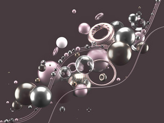 Beautiful abstract background with volume elements, balls, texture, lines. 3d illustration, 3d rendering.