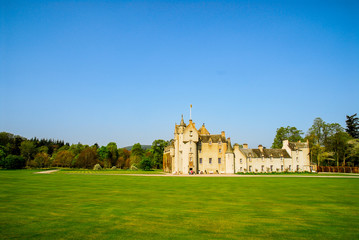 Long lawn with Ballindalloch Castle, known as the "Pearl of the North", located in Ballindalloch, Banffshire, Scotland.