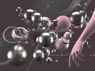 Beautiful abstract background with volume elements, balls, texture, lines. 3d illustration, 3d rendering.