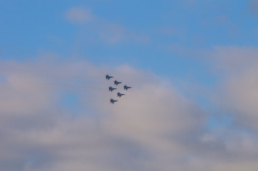 Russian airplanes aerobatic team in the sky