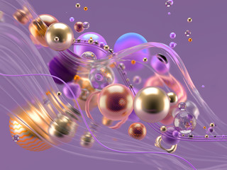 Beautiful abstract background with volume elements, balls, texture, lines. 3d illustration, 3d rendering.