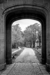 Vehicle entrance, old building, with stone street and trees in the background, Scotland, UK