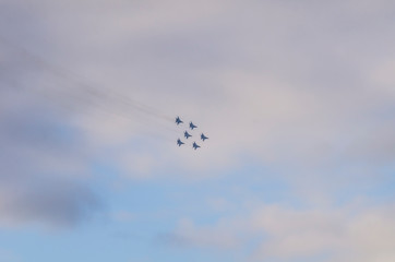 Russian airplanes aerobatic team in the sky