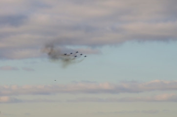 Russian airplanes aerobatic team in the sky