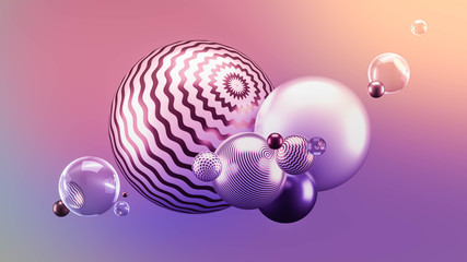 Beautiful abstract background with volume elements, balls, texture, lines. 3d illustration, 3d rendering.