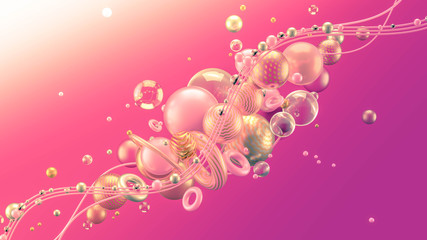 Beautiful abstract background with volume elements, balls, texture, lines. 3d illustration, 3d rendering.