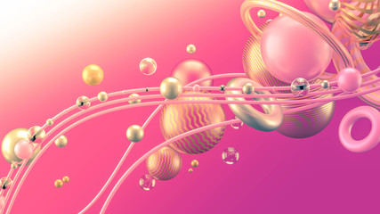Beautiful abstract background with volume elements, balls, texture, lines. 3d illustration, 3d rendering.