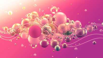 Beautiful abstract background with volume elements, balls, texture, lines. 3d illustration, 3d rendering.