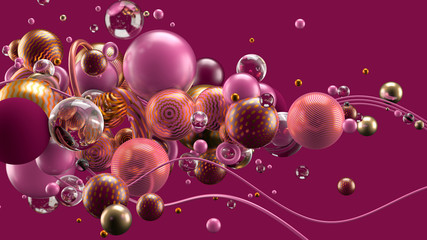 Beautiful abstract background with volume elements, balls, texture, lines. 3d illustration, 3d rendering.