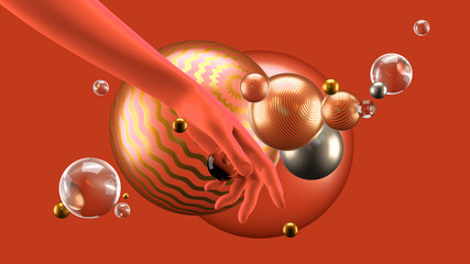 Beautiful abstract background with volume elements, balls, texture, lines. 3d illustration, 3d rendering.