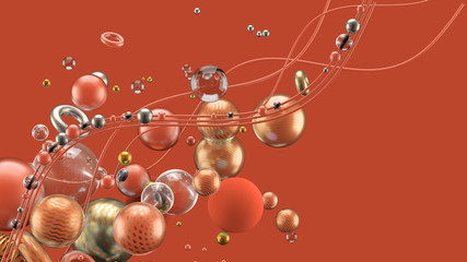Beautiful abstract background with volume elements, balls, texture, lines. 3d illustration, 3d rendering.