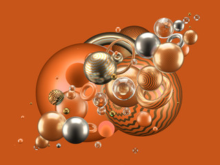 Beautiful abstract background with volume elements, balls, texture, lines. 3d illustration, 3d rendering.