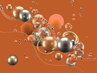 Beautiful abstract background with volume elements, balls, texture, lines. 3d illustration, 3d rendering.