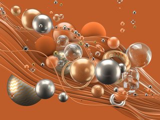 Beautiful abstract background with volume elements, balls, texture, lines. 3d illustration, 3d rendering.