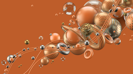Obraz premium Beautiful abstract background with volume elements, balls, texture, lines. 3d illustration, 3d rendering.