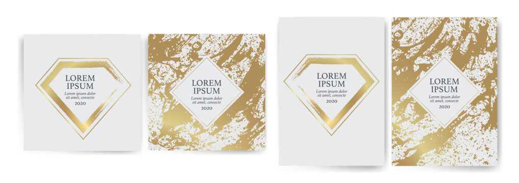 Set of design templates with golden texture, marble effect. Luxury and elegance. Gold and white color. Vector diamond shaped stroke.