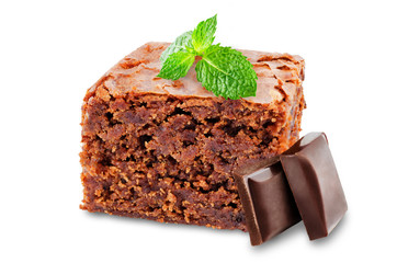 Chocolate brownie cake on a white isolated background